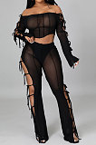 Black Euramerican Long Sleeve Off Shoulder Straplee Sexy Tight Pure Color Milk Silk Pants Sets YF9204-1