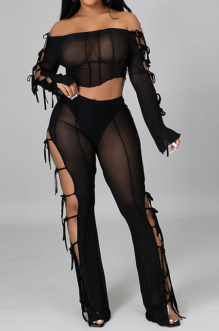 Black Euramerican Long Sleeve Off Shoulder Straplee Sexy Tight Pure Color Milk Silk Pants Sets YF9204-1