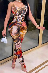 Red Women Digital Printing Sleeveless Sexy Condole Belt Bodycon Jumpsuits XZ5195-2