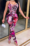 Red Women Digital Printing Sleeveless Sexy Condole Belt Bodycon Jumpsuits XZ5195-2