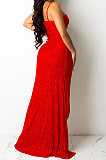 White Trendy Euramerican Club Hot Drilling Sequins Mesh Spaghetti Condole Belt V Neck Split Long Dress XZ5263-4