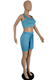 Light Purple Cotton Blend Pure Color U Neck Tank High Waist Bandage Shorts Sport Two-Piece TC080-3