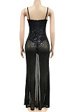 Black Trendy Euramerican Club Hot Drilling Sequins Mesh Spaghetti Condole Belt V Neck Split Long Dress XZ5263-1