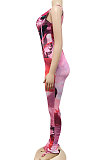 Red Women Digital Printing Sleeveless Sexy Condole Belt Bodycon Jumpsuits XZ5195-2