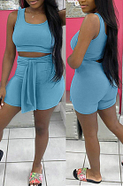 Sky Blue Cotton Blend Pure Color U Neck Tank High Waist Bandage Shorts Sport Two-Piece TC080-1