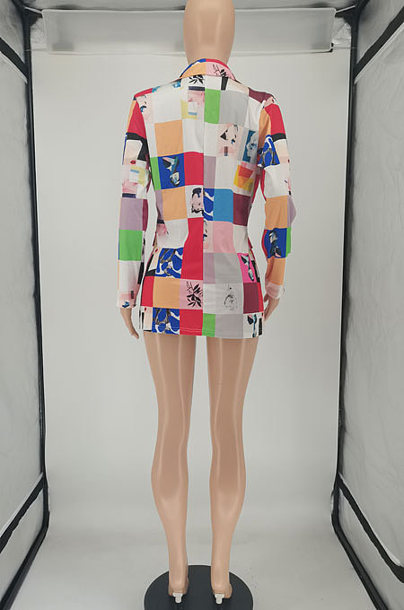 Multicolor Women Fashion Spliced Plaid Long Sleeve Printing Coat SMY8109
