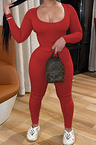 Red Autumn And Winter Elastic Long Sleeve U Neck Top Bodycon Pants Solid Color Two-Piece YYF8240-2