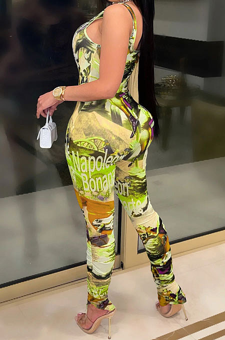 Blue Women Digital Printing Sleeveless Sexy Condole Belt Bodycon Jumpsuits XZ5195-1