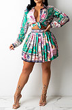 Green Euramerican Long Sleeve Shirt Ruffle Skirts Sets YF9196-3