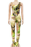 Red Women Digital Printing Sleeveless Sexy Condole Belt Bodycon Jumpsuits XZ5195-2