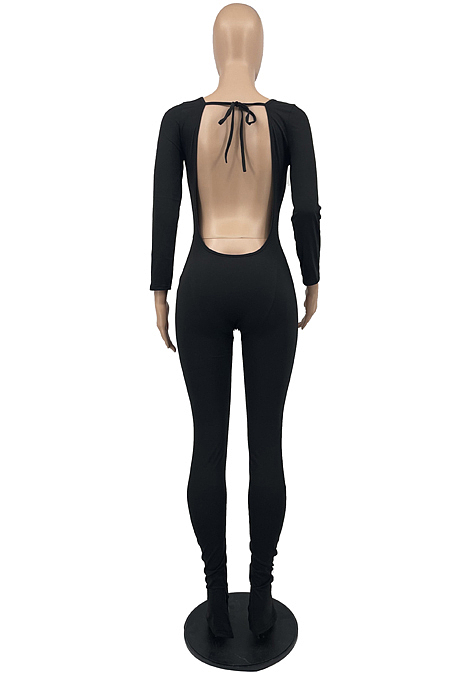 Red New Wholesal Long Sleeve Stand Neck Backless Lace-Up High Elastic Slim Fiitting Yoga Sport Jumpsuits YYF8239-2