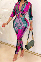 Rose Red Euramerican Fashion Digital Printing V Neck Long Sleeve Long Pants Sets XZ5281-2