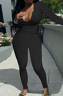 Black Sexy Women Long Sleeve Low-Cut Bodycon Pants Solid Color Strach Two-Piece YYF8238-2