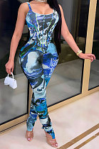 Blue Women Digital Printing Sleeveless Sexy Condole Belt Bodycon Jumpsuits XZ5195-1
