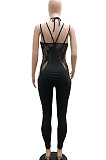 Blac High Waits No Waistband Tight Sexy Long Pants Condole Belt Backless Hollow Out Lace Bodycon Jumpsuits YF9237