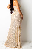 Apricot Trendy Euramerican Club Hot Drilling Sequins Mesh Spaghetti Condole Belt V Neck Split Long Dress XZ5263-3