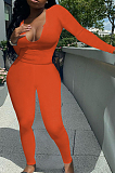 Orange Sexy Women Long Sleeve Low-Cut Bodycon Pants Solid Color Strach Two-Piece YYF8238-3