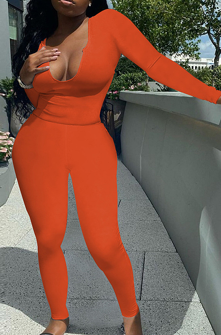 Orange Sexy Women Long Sleeve Low-Cut Bodycon Pants Solid Color Strach Two-Piece YYF8238-3