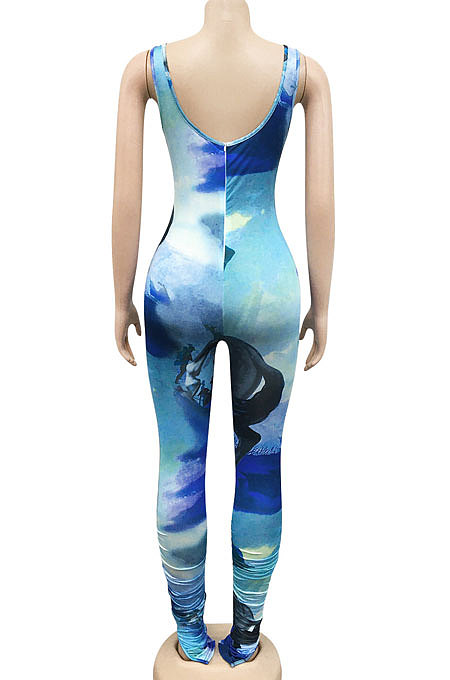 Red Women Digital Printing Sleeveless Sexy Condole Belt Bodycon Jumpsuits XZ5195-2