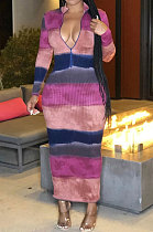 Multicolor Euramerican Women Digital Printing Ribber Strapless Long Sleeve Zipper Long Dress SMY8047