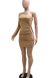 Khaki Mid Waist Oblique Shoulder Sexy Solid Color Chain Milk Silk Mini Dress YF9215
