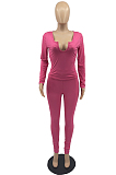 Orange Sexy Women Long Sleeve Low-Cut Bodycon Pants Solid Color Strach Two-Piece YYF8238-3