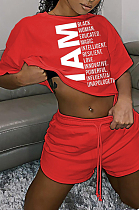 Red Euramerican Letter Printing Short Sleeve Round Neck T-Shirt Shorts Loose Solid Color Sports Sets TC062-2