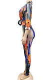 Orange Euramerican Fashion Digital Printing V Neck Long Sleeve Long Pants Sets XZ5281-1