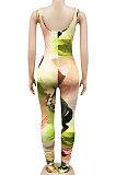 Blue Women Digital Printing Sleeveless Sexy Condole Belt Bodycon Jumpsuits XZ5195-1