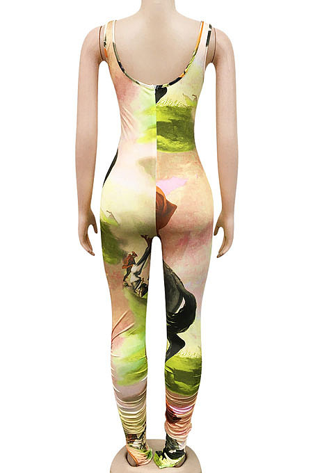 Blue Women Digital Printing Sleeveless Sexy Condole Belt Bodycon Jumpsuits XZ5195-1