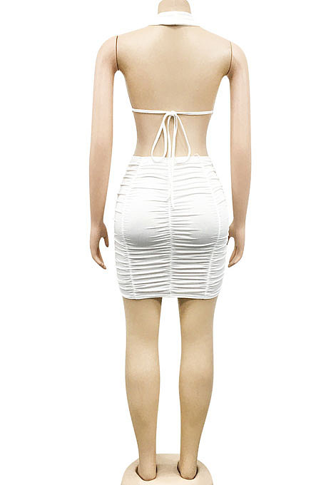 Red Euramerican Solid Color Women Halter Neck Backless Drawsting Sexy Bandage Ruffle Mini Dress XZ5220-2