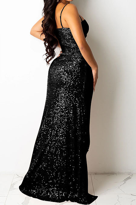 White Trendy Euramerican Club Hot Drilling Sequins Mesh Spaghetti Condole Belt V Neck Split Long Dress XZ5263-4