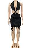 White Euramerican Solid Color Women Halter Neck Backless Drawsting Sexy Bandage Ruffle Mini Dress XZ5220-3
