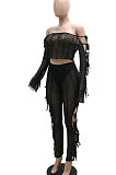 Black Euramerican Long Sleeve Off Shoulder Straplee Sexy Tight Pure Color Milk Silk Pants Sets YF9204-1