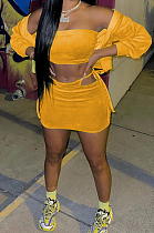 Orange Casual Wholesal Long Sleeve Zippet Hoodie Coat &Strapless Short Skirts Sport Three Piece TC091-2