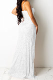 Black Trendy Euramerican Club Hot Drilling Sequins Mesh Spaghetti Condole Belt V Neck Split Long Dress XZ5263-1