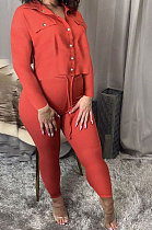 Red Women Pure Color Trendy Long Sleeve Pants Sets SMY8044