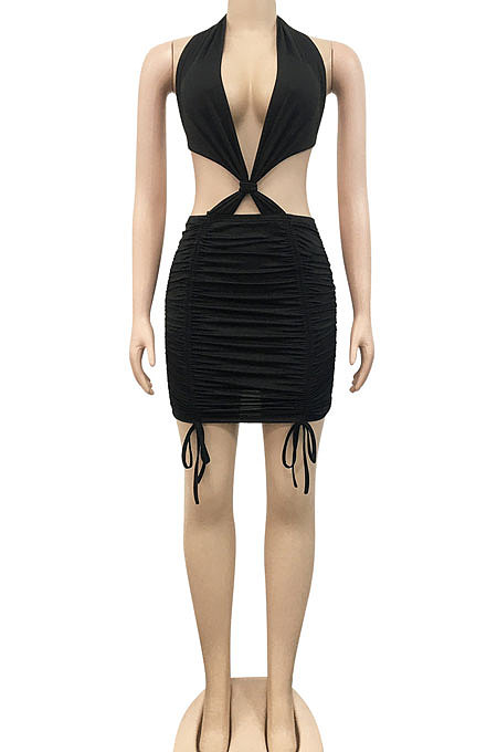 Black Euramerican Solid Color Women Halter Neck Backless Drawsting Sexy Bandage Ruffle Mini Dress XZ5220-1