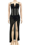 Apricot Trendy Euramerican Club Hot Drilling Sequins Mesh Spaghetti Condole Belt V Neck Split Long Dress XZ5263-3