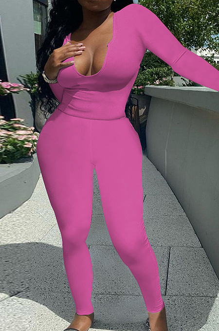 Rose Red Sexy Women Long Sleeve Low-Cut Bodycon Pants Solid Color Strach Two-Piece YYF8238-4