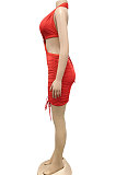 White Euramerican Solid Color Women Halter Neck Backless Drawsting Sexy Bandage Ruffle Mini Dress XZ5220-3