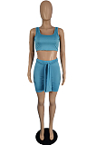 Sky Blue Cotton Blend Pure Color U Neck Tank High Waist Bandage Shorts Sport Two-Piece TC080-1