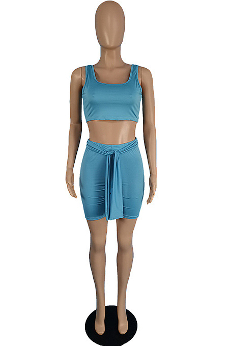 Sky Blue Cotton Blend Pure Color U Neck Tank High Waist Bandage Shorts Sport Two-Piece TC080-1