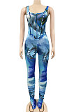Blue Women Digital Printing Sleeveless Sexy Condole Belt Bodycon Jumpsuits XZ5195-1