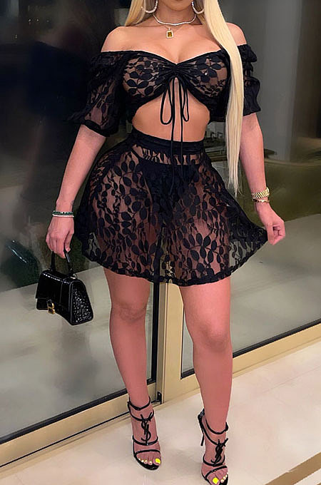 Black Women Sexy Lace Fashion Strapless Dew Waist Short Sleeve Skirts Sets YS501