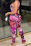 Rose Red Women Digital Printing Sleeveless Sexy Condole Belt Bodycon Jumpsuits XZ5195-4