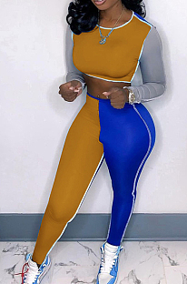 Orange Fashion Autumn And Winter Spliced Long Sleeve Round Neck Crop Top Bodycon Pants Slim Fitting Soprts Sets TC049-5