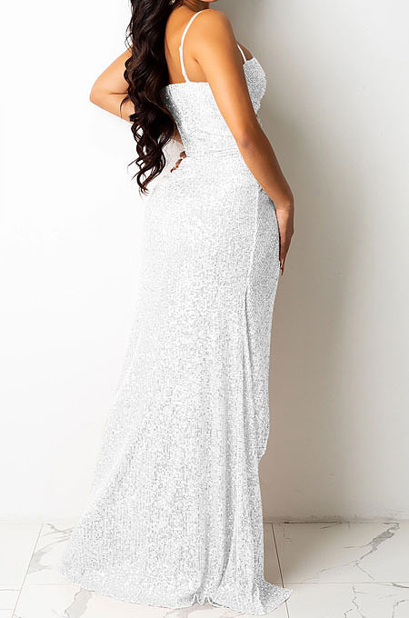 White Trendy Euramerican Club Hot Drilling Sequins Mesh Spaghetti Condole Belt V Neck Split Long Dress XZ5263-4