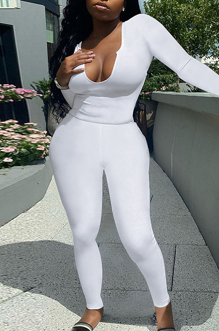 Gray Sexy Women Long Sleeve Low-Cut Bodycon Pants Solid Color Strach Two-Piece YYF8238-5