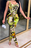 Yellow Women Digital Printing Sleeveless Sexy Condole Belt Bodycon Jumpsuits XZ5195-3